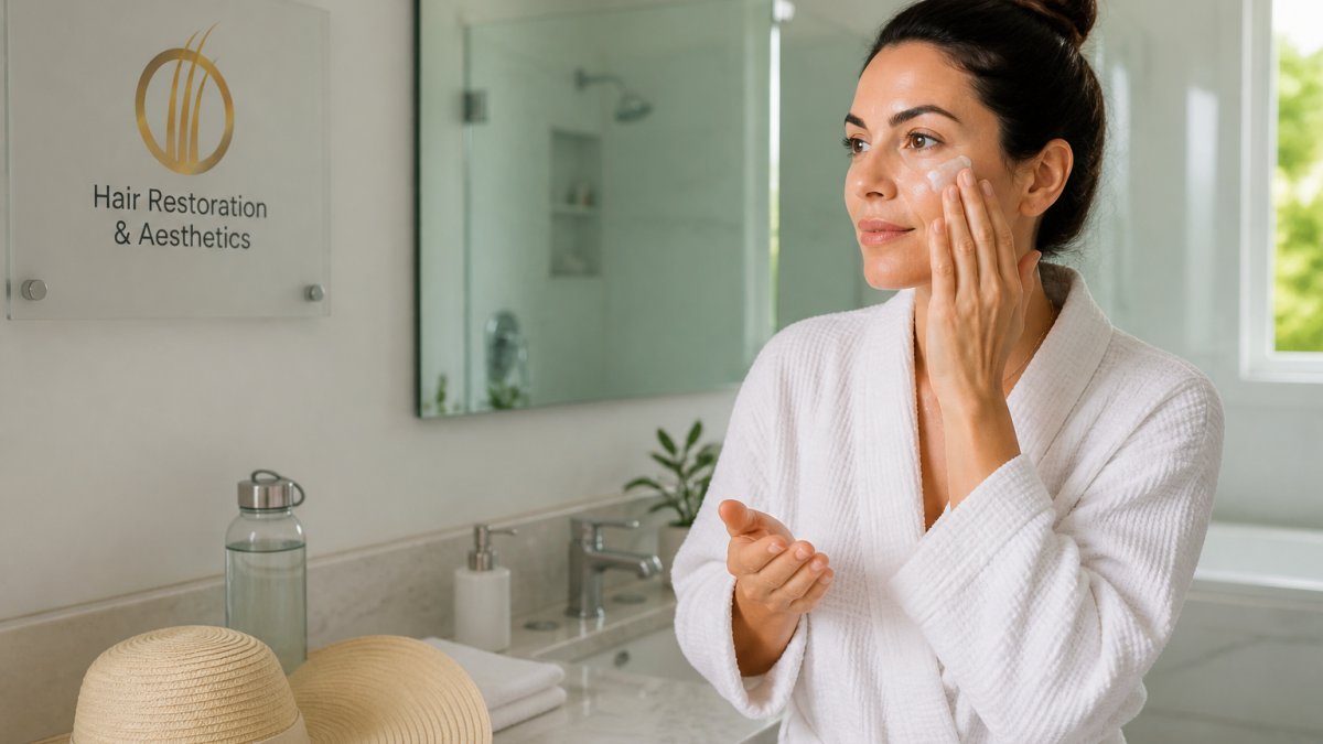 A woman in a bright bathroom applying sunscreen to her face after a skincare treatment, with a wide-brimmed hat and water bottle on the counter nearby