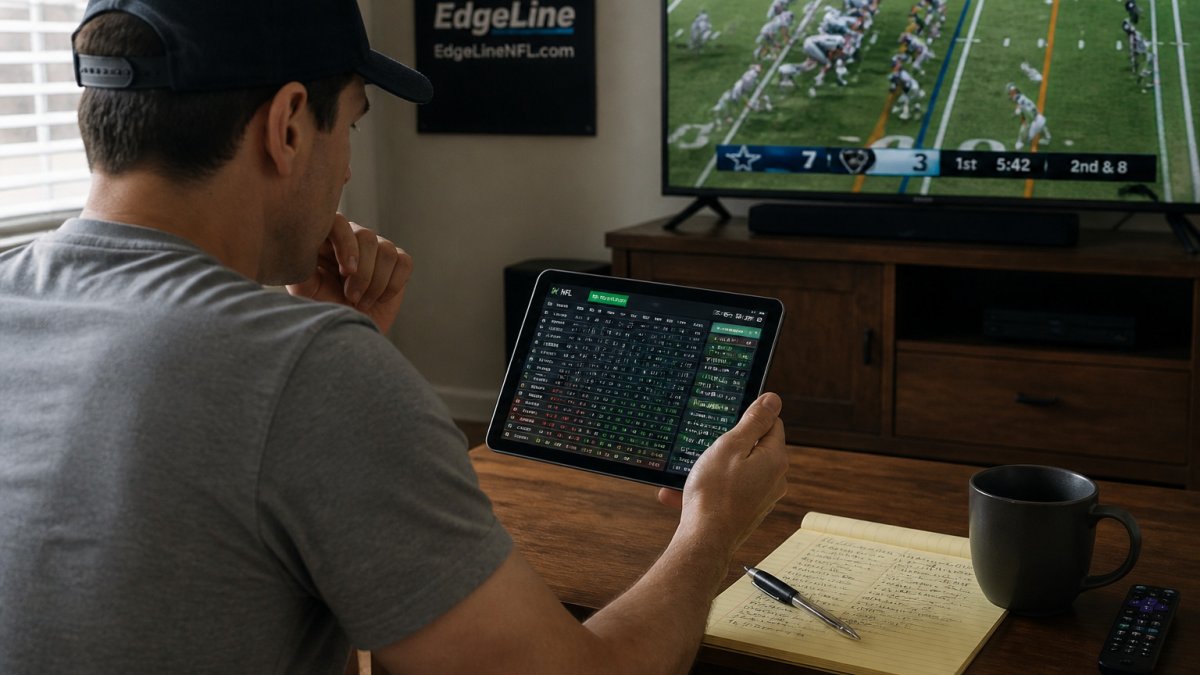 Sports bettor analyzing divisional matchups on a tablet while watching an NFL game at home