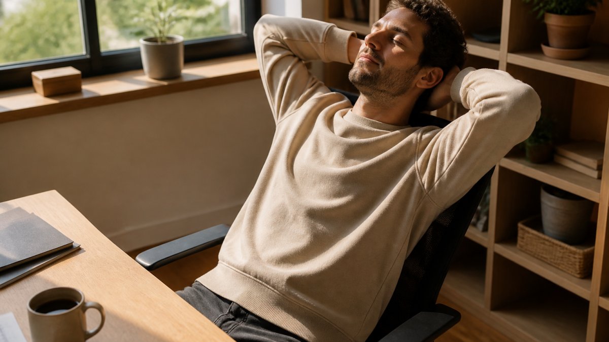 Remote professional working at a minimalist desk wearing a relaxed organic cotton sweatshirt, leaning back in chair with coffee cup nearby, warm natural light streaming through window