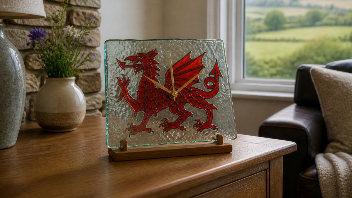 A glass clock featuring a Welsh dragon, a prime example of premium Welsh gifts, set against a scenic hillside view.