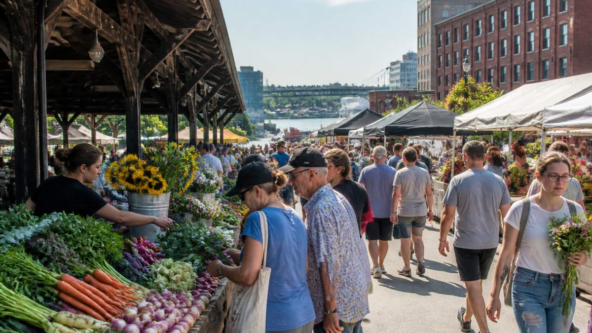 Bustling weekend market with fresh produce and historic buildings in the River Market neighborhood