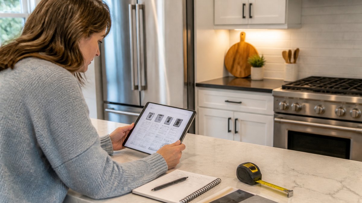 Infographic outlining a 4-step process for evaluating smart kitchen appliance packages using tablet specs and measurements.