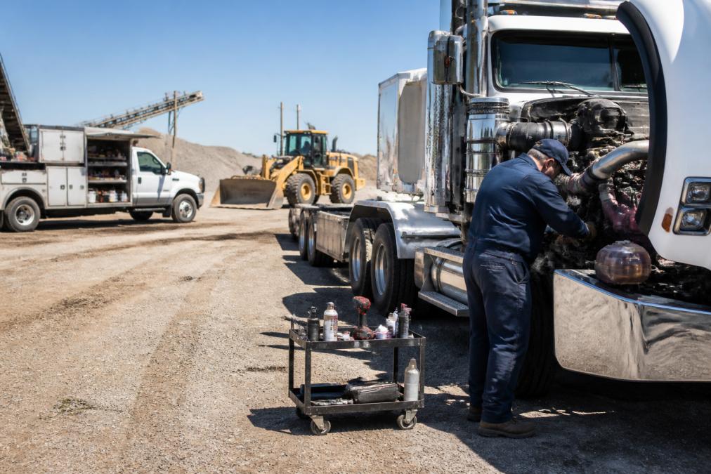 Mobile service truck parked at construction yard with technician performing routine maintenance on heavy-duty diesel truck, equipment and machinery visible in background under daylight