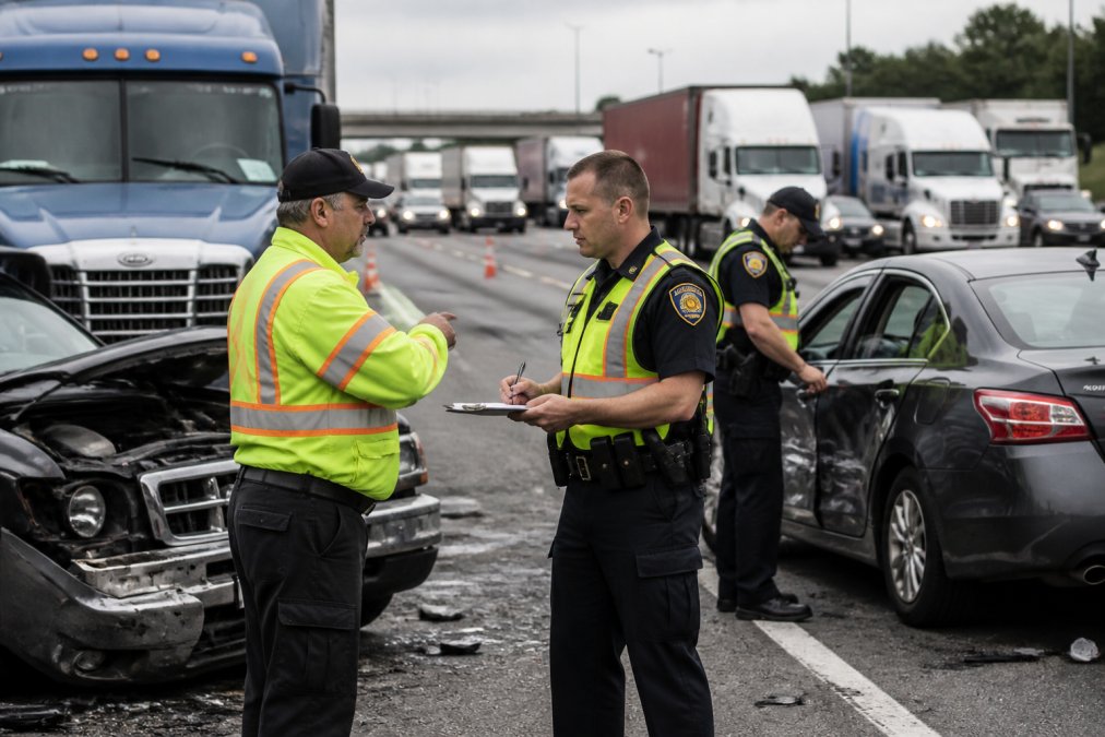 Emergency responders and investigators at the scene of a multi-vehicle truck accident, with damaged vehicles and personnel documenting evidence on a busy highway
