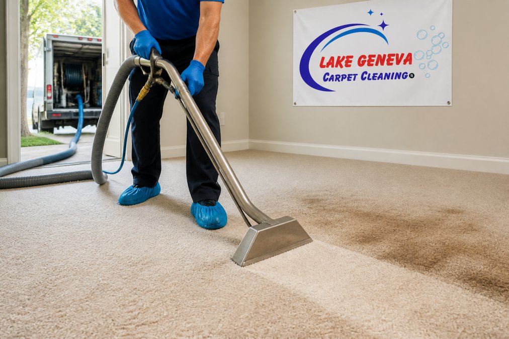 Professional technician using truck-mounted hot water extraction equipment on carpet with visible stain treatment, showing powerful suction and cleaning action in progress