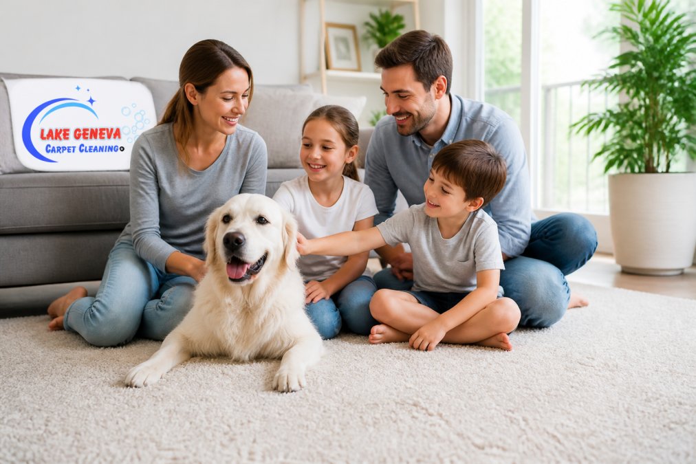 Family with children and pet relaxing in clean, bright living room with fresh-looking carpet, conveying comfort and health