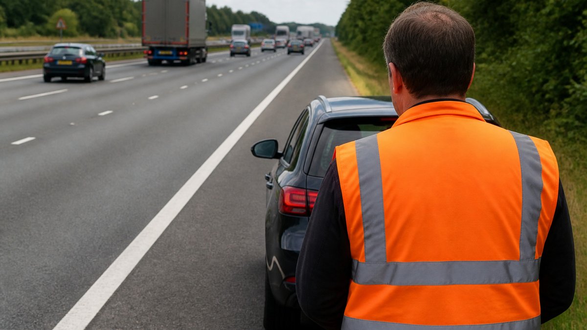 7 Reasons to Keep High-Vis Clothing in Your Car Motorist wearing high visibility clothing standing safely behind a broken-down car on the motorway hard shoulder