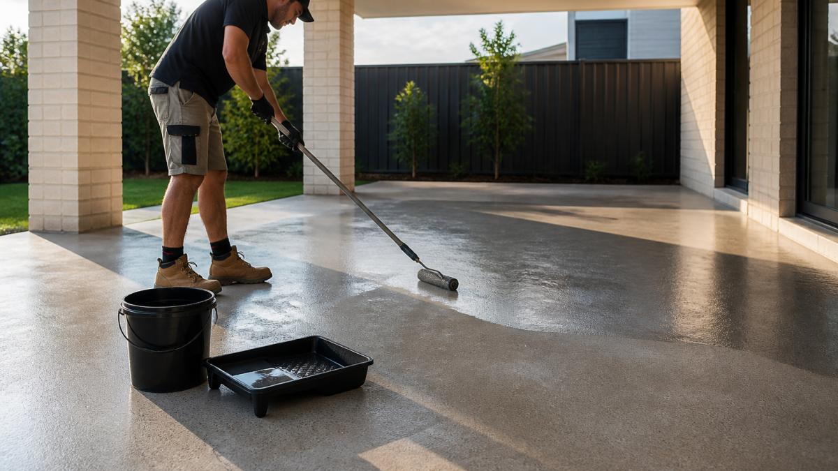 A tradesperson in work clothes rolling concrete sealer onto an outdoor alfresco patio, bucket and roller tray nearby, soft afternoon light across the slab