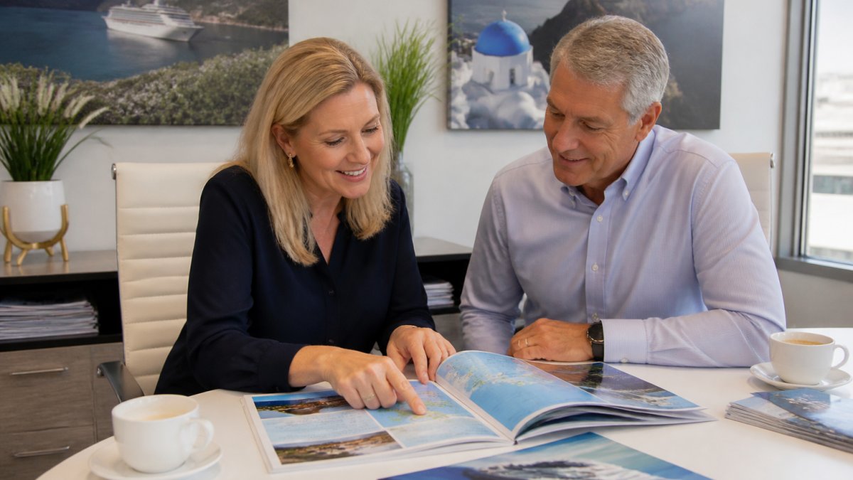 Professional travel advisor sitting at a modern desk with a client, reviewing cruise itineraries and destination maps together, both smiling with coffee cups nearby in a bright office with travel photography on the walls