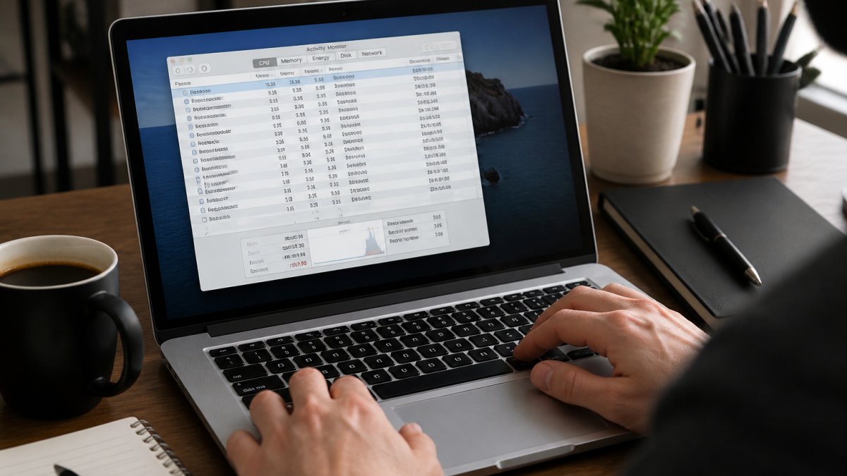Person using Activity Monitor on a MacBook running slow at a desk