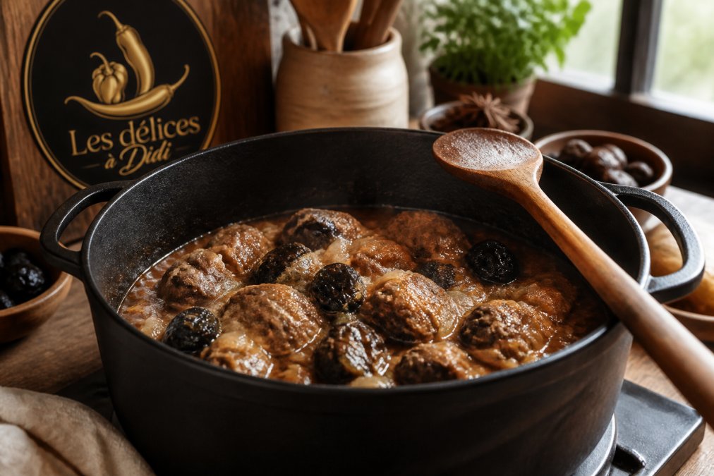 Gros plan sur une cocotte en fonte contenant un ragoût d'agneau mijoté, morceaux de citron noir séché visibles en surface et cuillère en bois posée sur le bord, cuisine chaleureuse éclairée naturellement
