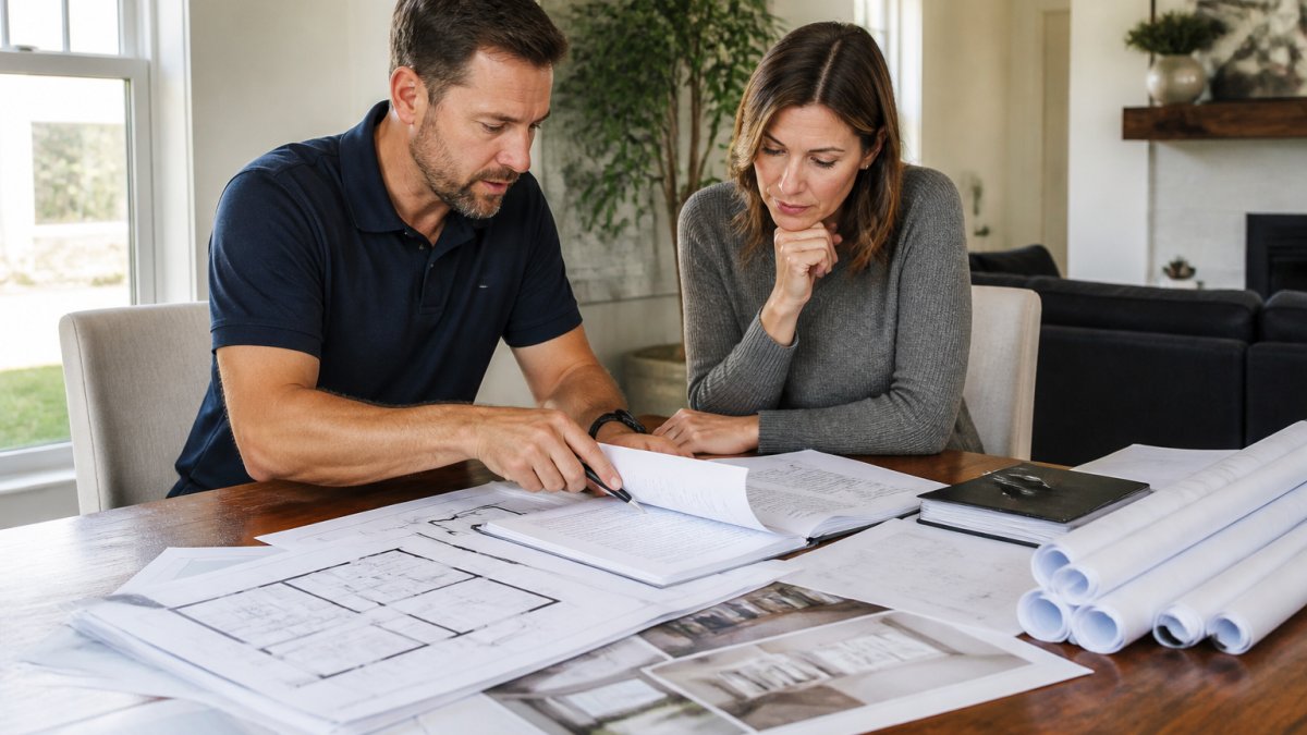 Professional contractor and homeowner reviewing detailed written contract with blueprints and project documents spread across desk in bright home office setting