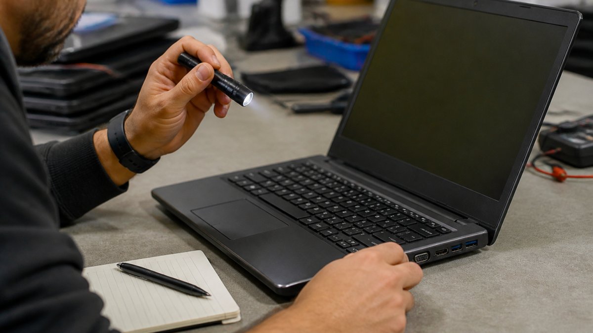 Close-up of hands inspecting an open laptop on a workbench, checking the screen, keyboard, and ports with a small flashlight and notepad nearby