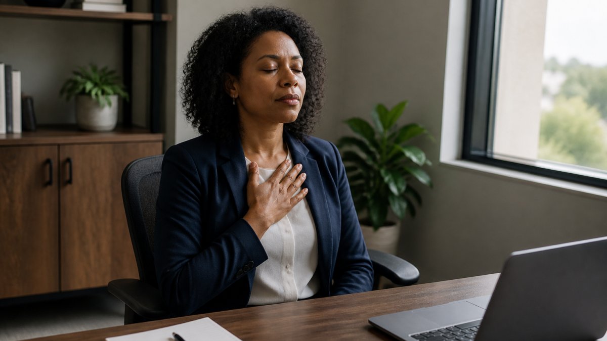 Professional sitting at a desk practicing mindful breathing to manage rejection sensitivity.