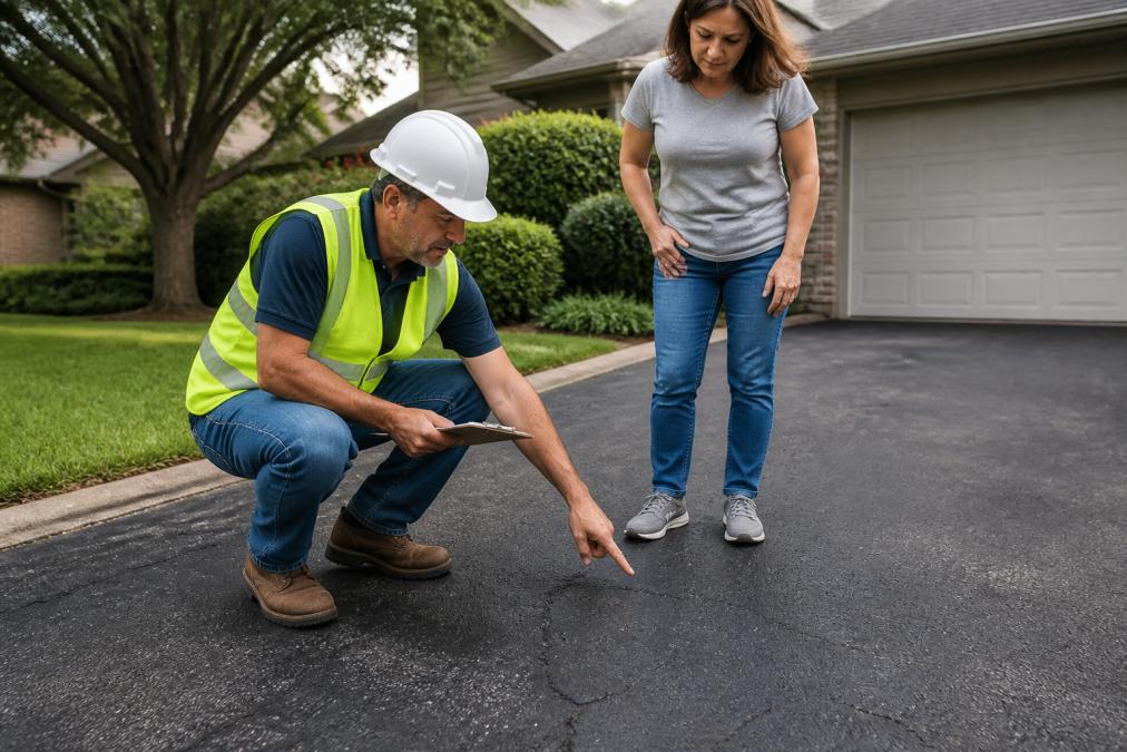 A paving contractor in a safety vest and hard hat kneeling beside a residential asphalt driveway, pointing to a crack in the surface while explaining the repair plan to a homeowner standing nearby
