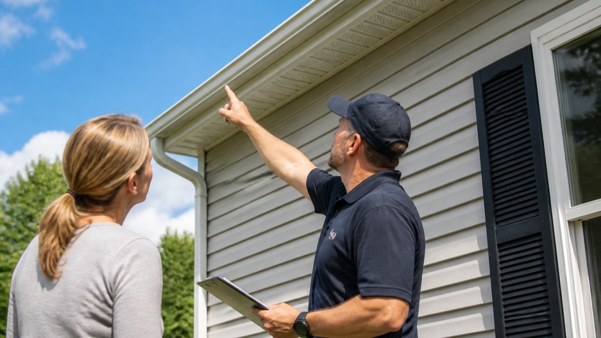 Homeowner and contractor inspecting the exterior of a house, pointing at gutters and siding with clear blue sky in background, professional assessment in progress
