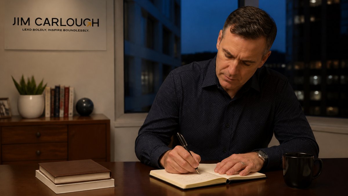 A leader practicing self-reflection in a quiet office to build resilient leadership habits at the end of the day.