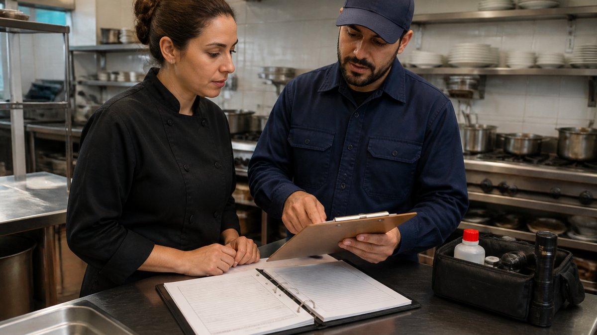 Manager and technician reviewing restaurant pest control service reports at a commercial kitchen counter