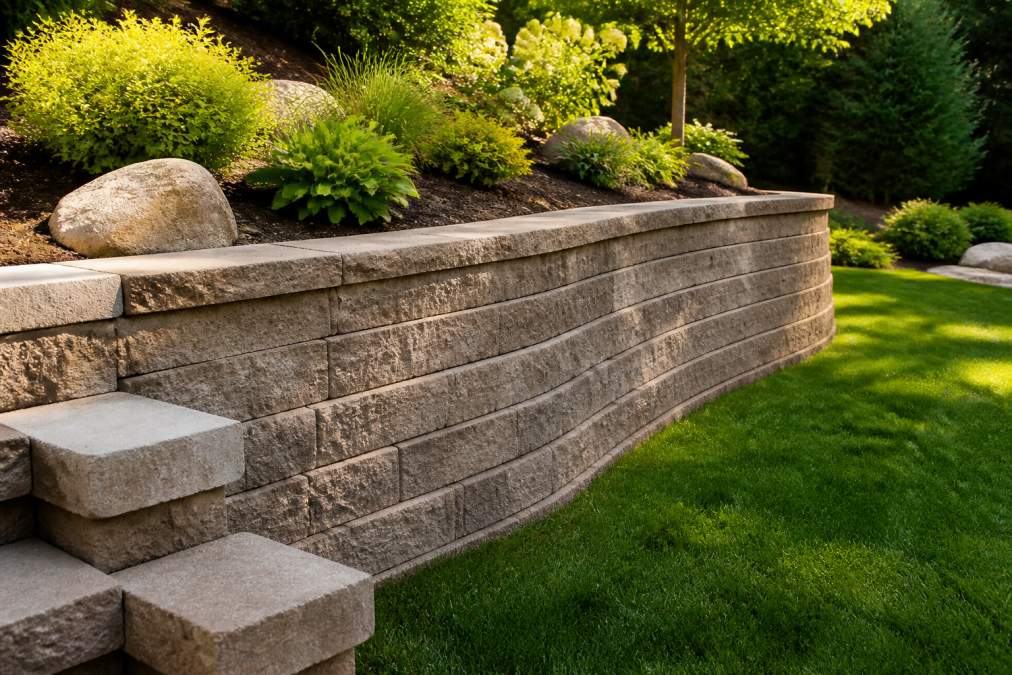 A landscaped residential backyard in Metro Detroit featuring a curved segmental retaining wall with decorative concrete blocks, lush green grass, and a well-maintained garden bed on top of the wall