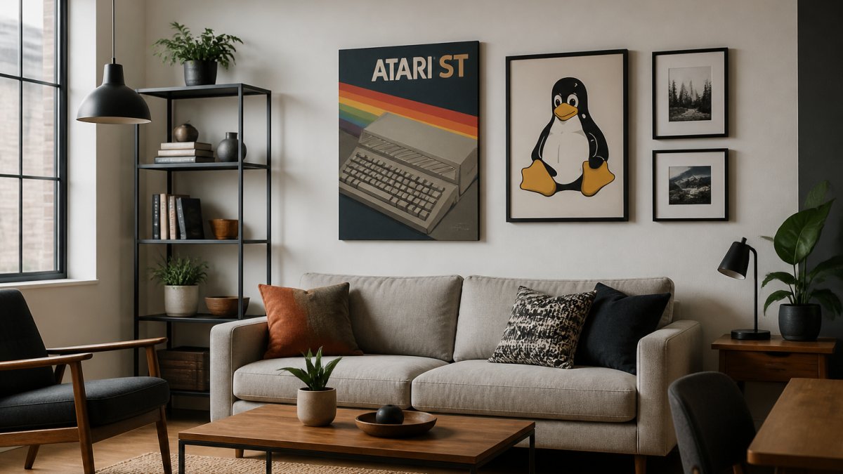 Modern living room with a gallery wall featuring the Atari ST canvas print and Tux Linux poster arranged with contemporary furniture, minimalist shelving, and warm neutral tones creating visual balance