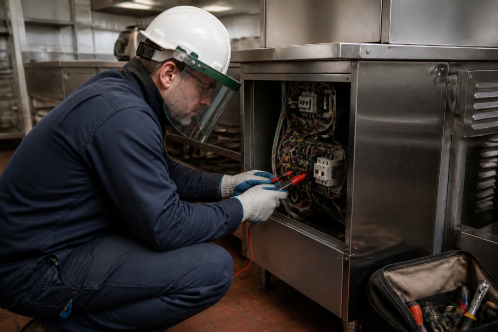 Professional technician in safety gear working on internal electrical components of commercial kitchen equipment, showing protective equipment and proper handling technique