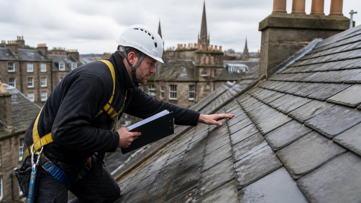 A roofer in safety harness and helmet inspecting slate tiles on an Edinburgh tenement roof, clipboard in hand, overcast sky behind