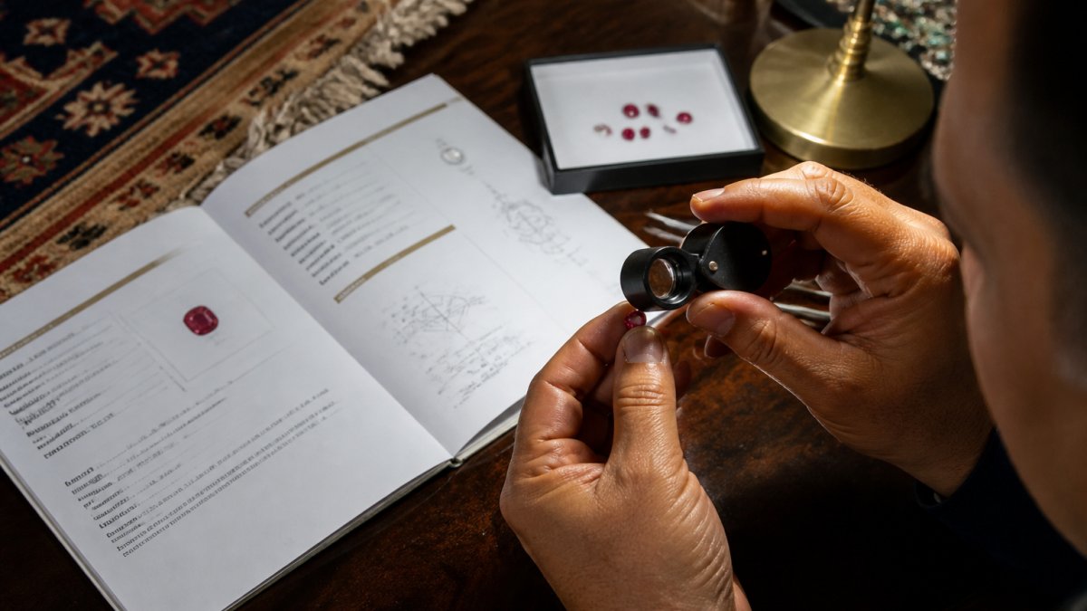 Jeweler using a loupe to inspect a loose red gemstone next to a formal gemological grading report