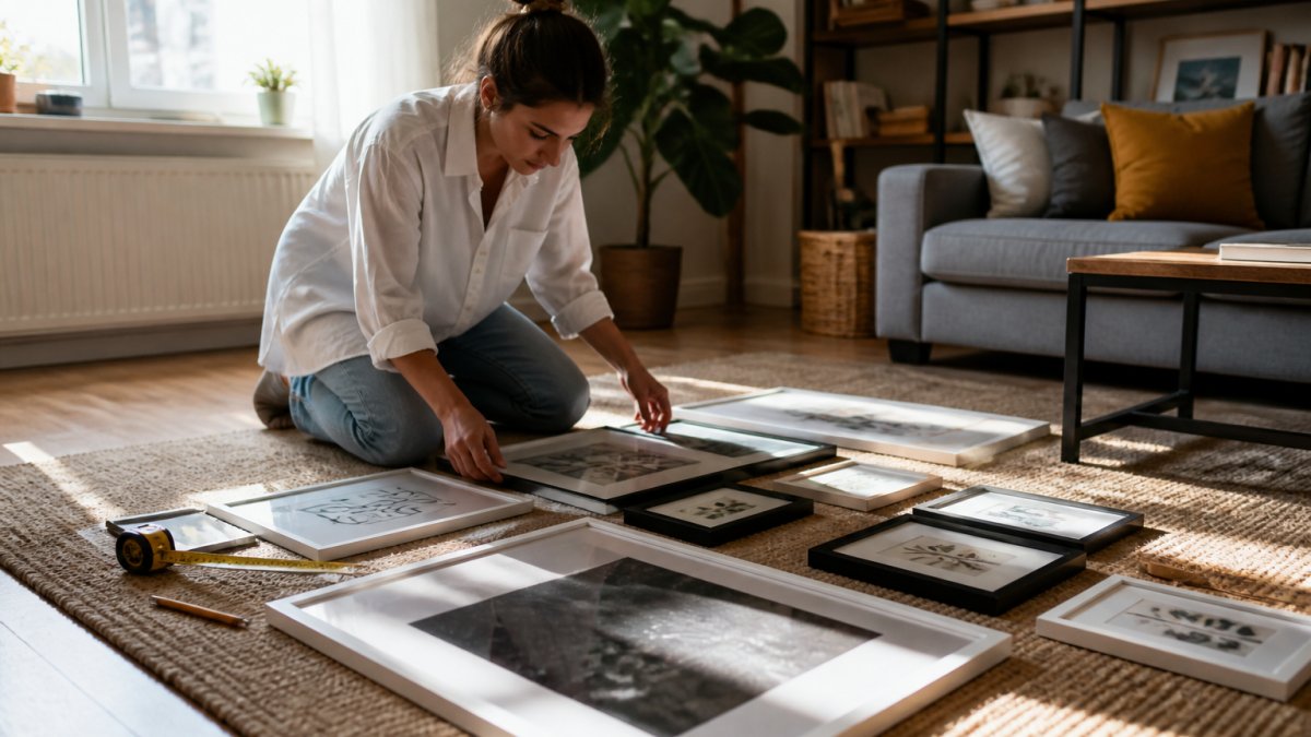 A person kneeling on a living room floor arranging several framed prints of different sizes into a layout on the rug, with a measuring tape and pencil nearby, warm afternoon light through a window