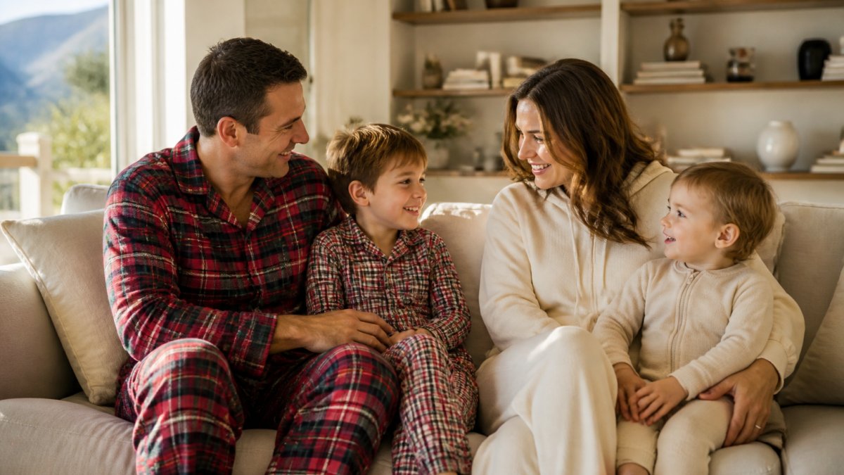 A family of four in a sunlit living room wearing coordinated plaid and solid loungewear while smiling together.
