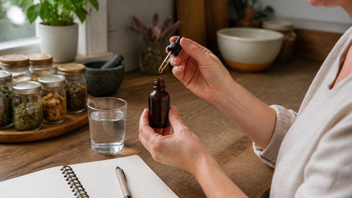 Hands holding a dropper bottle of herbal tincture near a glass of water and a dosage tracking notebook