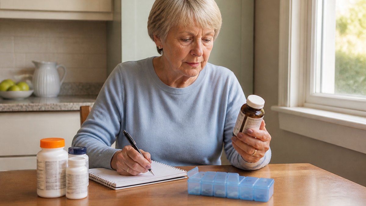 A person in their 60s sitting at a kitchen table with a notebook, a few supplement bottles, and a pill organizer, reviewing labels in natural daylight
