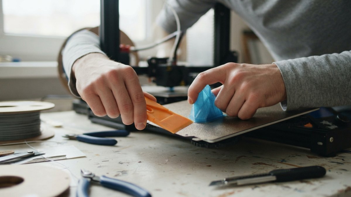 Hands using a plastic scraper at a low angle to safely remove 3D prints from a build plate with steady pressure.