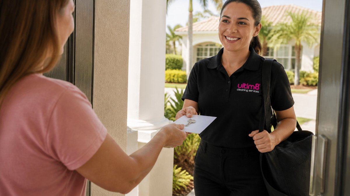 7 Safety Tips for Letting Cleaners Into Your Home 5 Homeowner handing a house key to a professional cleaner when letting cleaners into your home while away.
