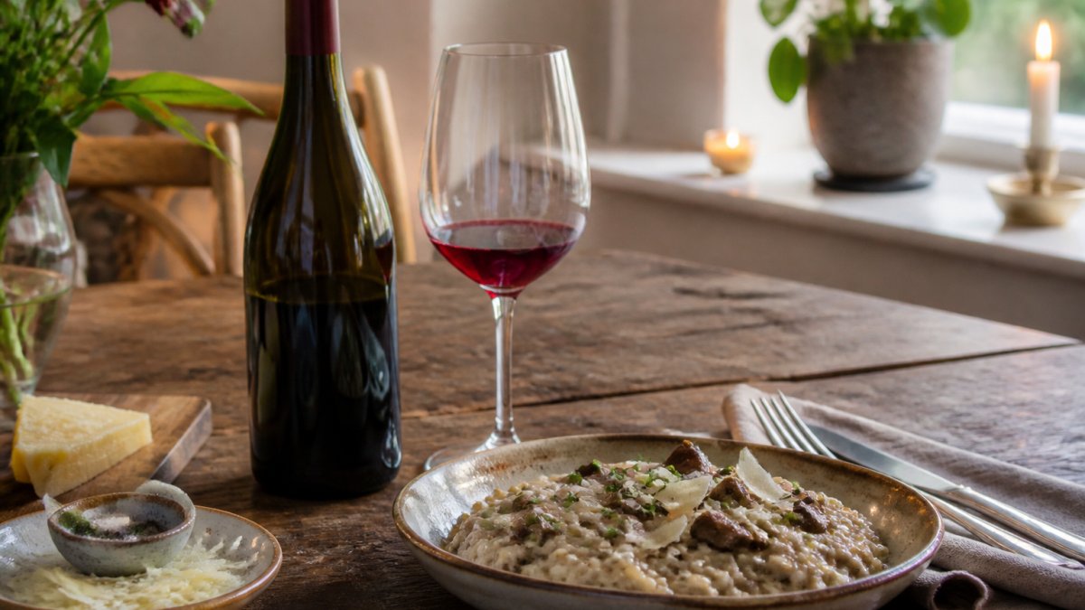 Dukat middagsbord med svamprisotto, ett glas rött vin och en vinflaska i varmt hemtrevligt ljus