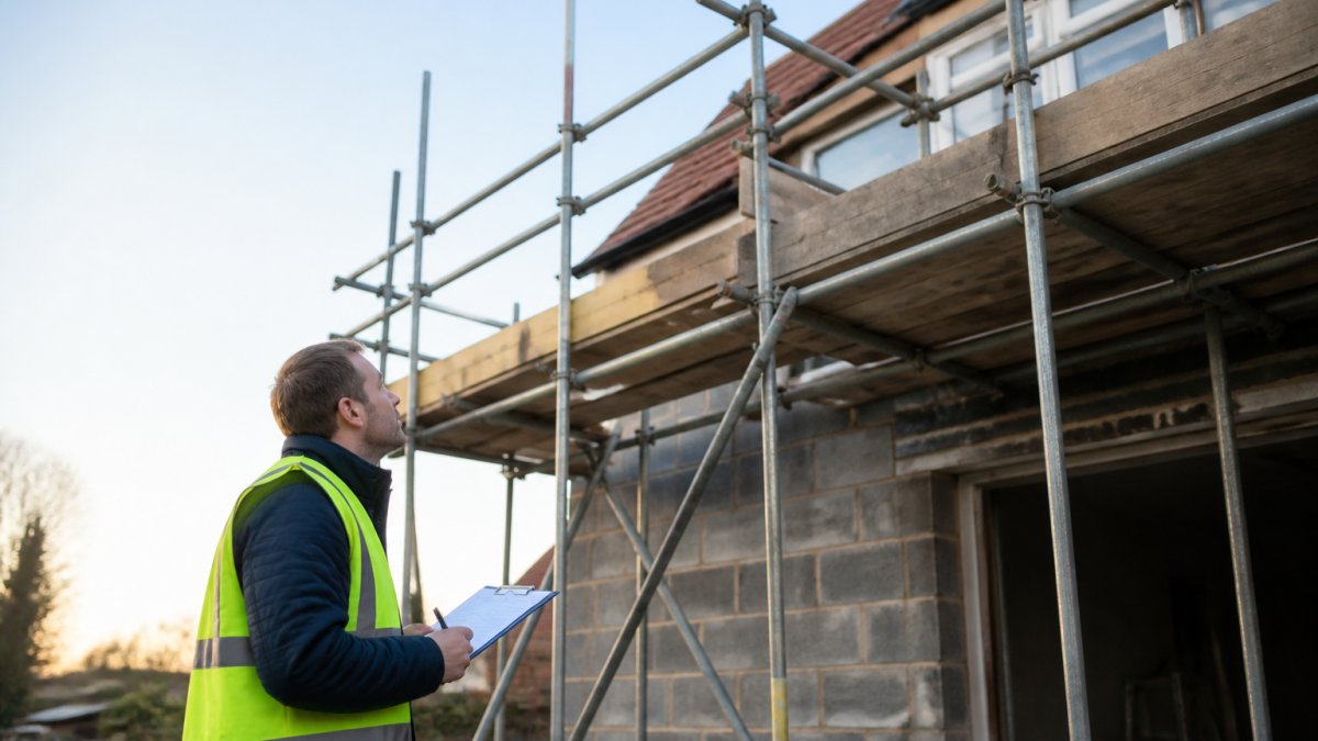 A homeowner in a high-visibility vest standing at the base of a domestic scaffold on a house extension, holding a clipboard and looking up at the guardrails and toe boards, soft morning light