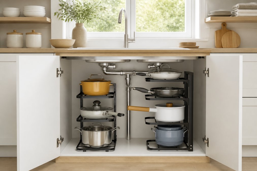 Bright kitchen with open wooden shelving displaying white dishes, ceramic jars, and folded neutral linens against a soft gray wall with natural window light streaming in