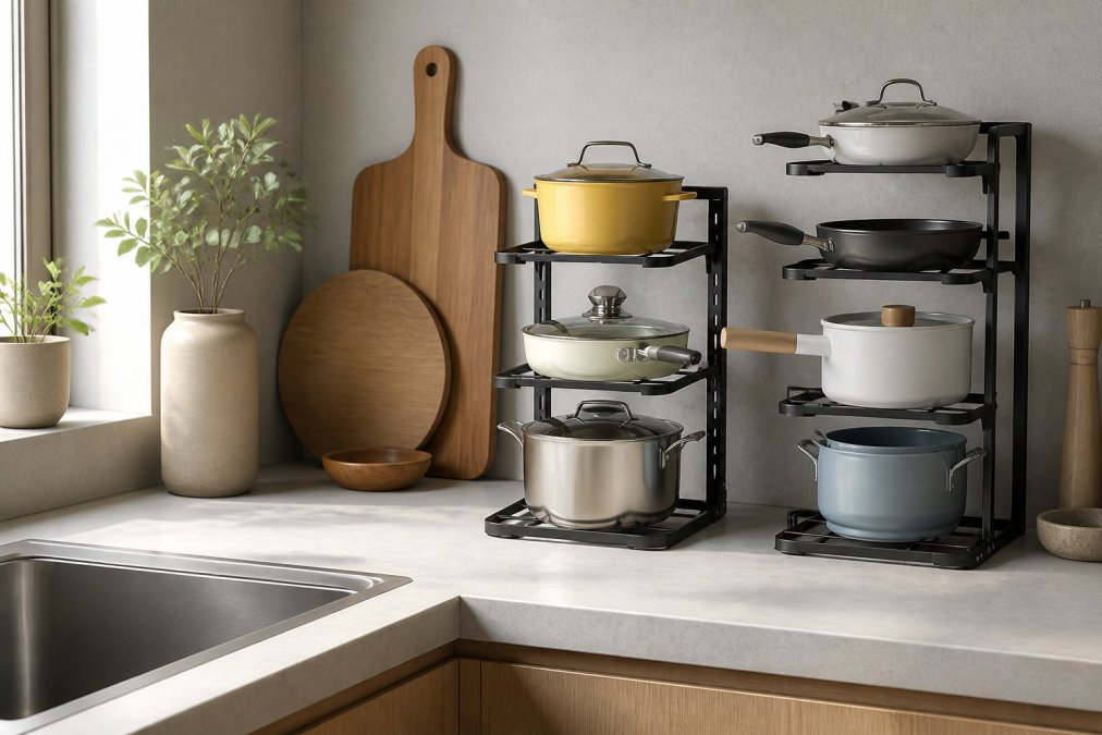 Close-up of a kitchen counter with a tiered natural bamboo organizer, light gray stone countertop, and minimalist kitchen tools arranged with intentional spacing and natural morning light