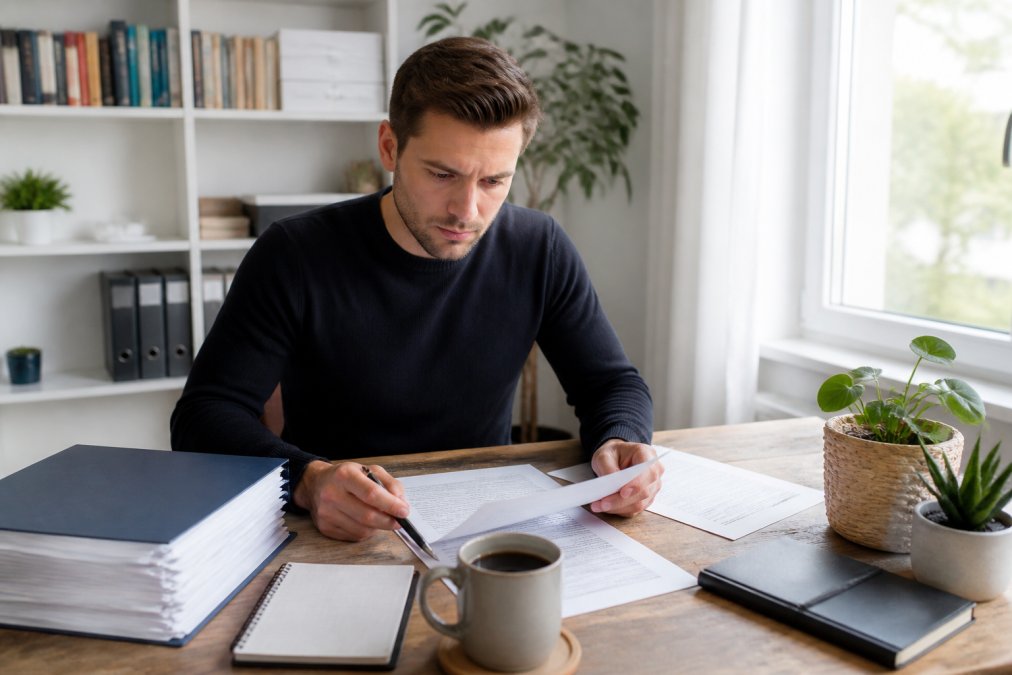 Unternehmer sitzt vor Laptop mit Gründungsdokumenten, Kaffee und Notizen auf dem Schreibtisch, helles Homeoffice-Setting mit Fenster