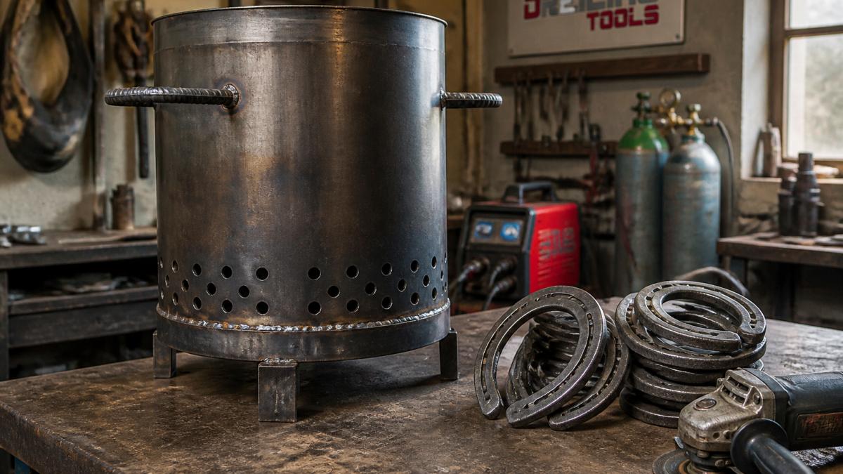 Eine Werkbank mit einer fertig geschweißten Feuertonne aus Stahl, daneben gestapelte Hufeisen und ein Winkelschleifer, funkelnde Schweißnähte im warmen Licht einer Hobbywerkstatt