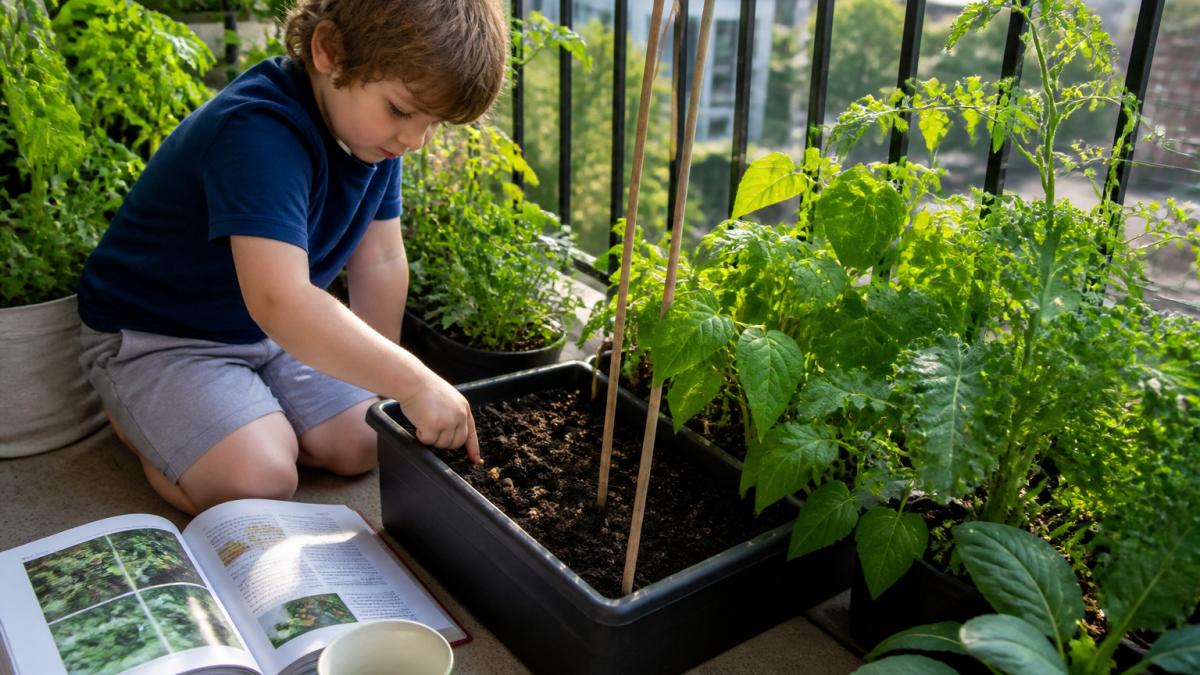 A young child plants a bean seed in a container garden on a sunny balcony with an open gardening book nearby.
