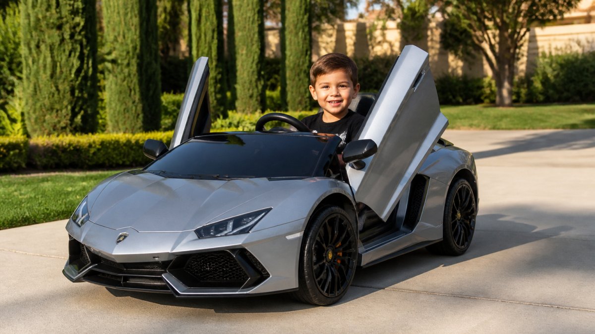Smiling child sitting in a silver ride-on car with open scissor doors on a sunny residential driveway