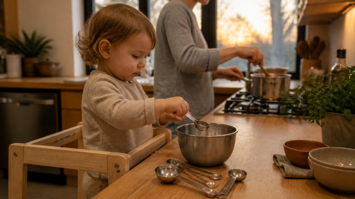 Toddler standing at a wooden learning tower playing with kitchen utensils while a parent cooks dinner nearby