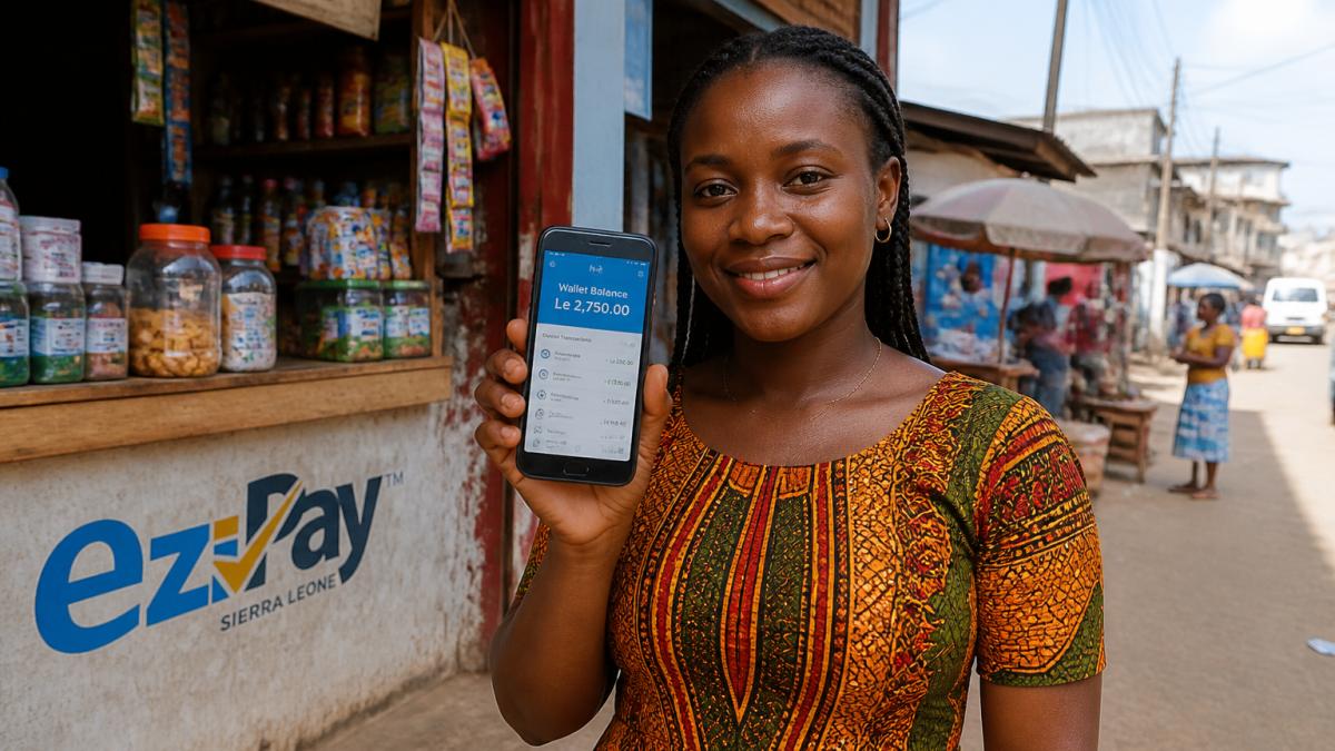 Infographic showing the mobile wallet process to send money to Freetown from a smartphone in a local market.