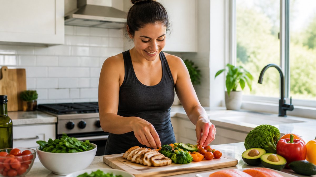 Woman preparing a healthy meal with fresh vegetables as one of many semaglutide alternatives for PCOS management.