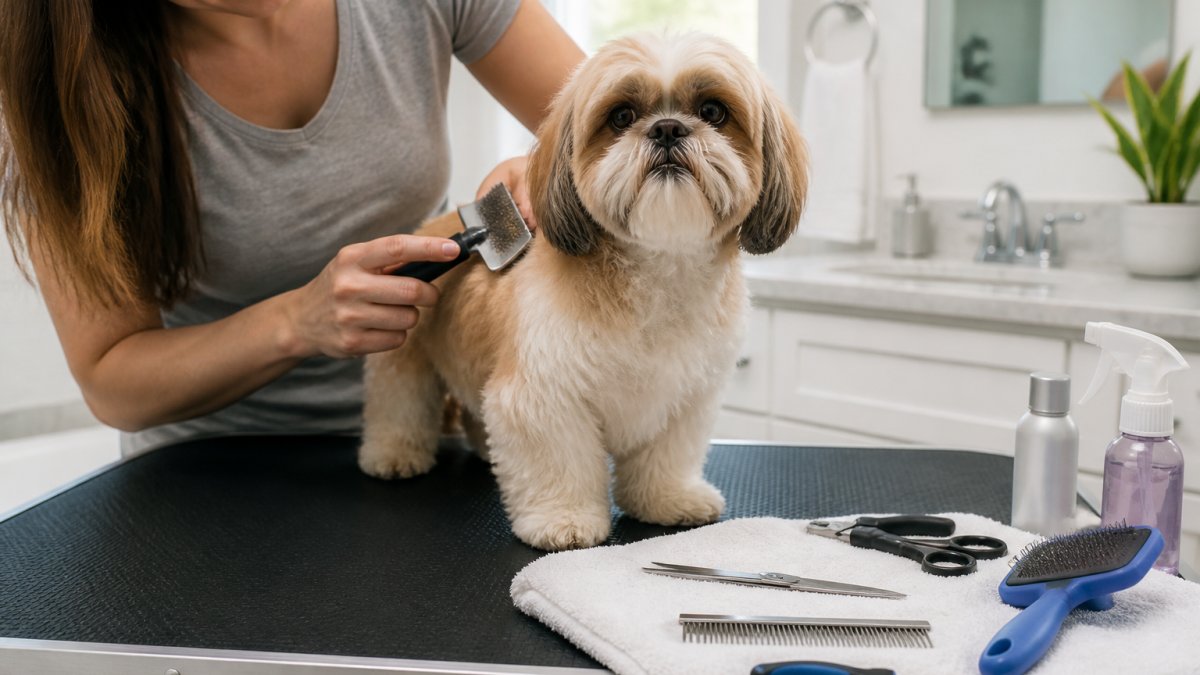 Step-by-step infographic illustrating the process of brushing a small dog on a grooming table at home