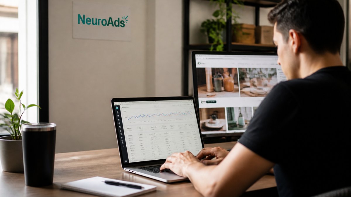 Paid media manager analyzing Shopify AI advertising campaign results on a laptop in a modern ecommerce office