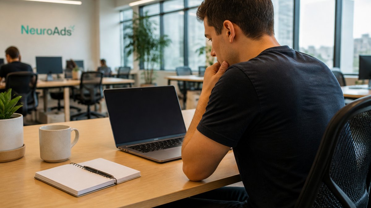 DTC media manager reviewing dashboard data for AI ad optimization on a laptop in a bright office space.