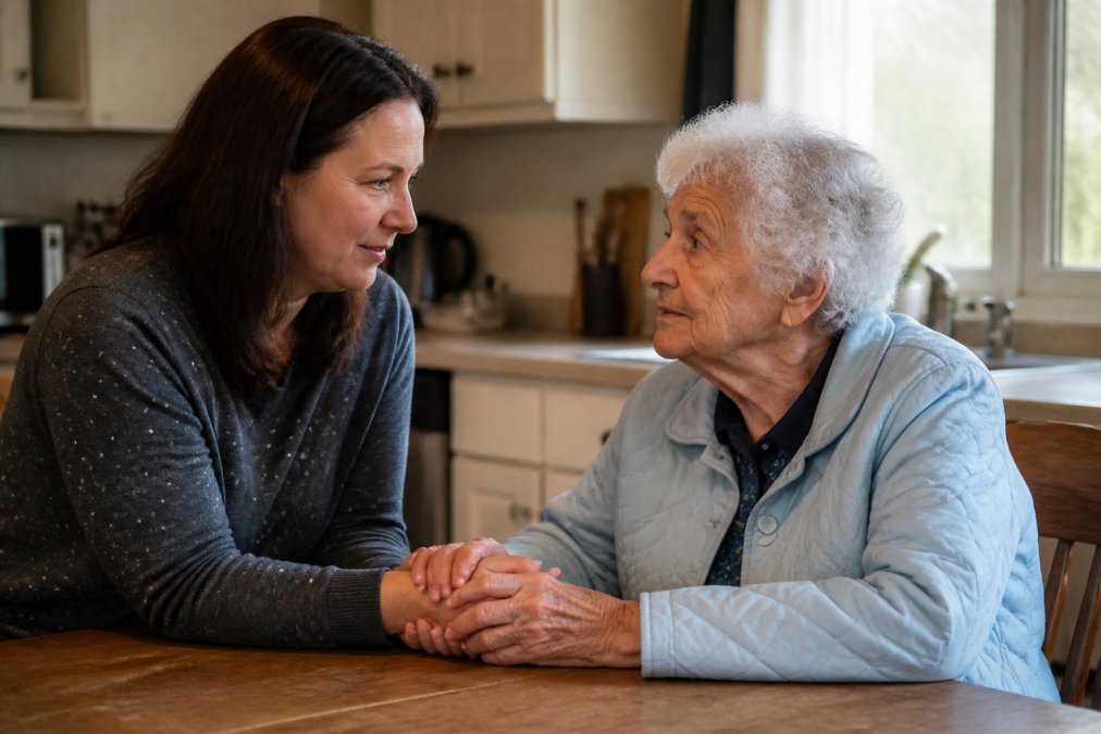 An adult daughter gently holding her elderly mother's hands across a kitchen table, warm natural light streaming through a window, both looking at each other with care and concern
