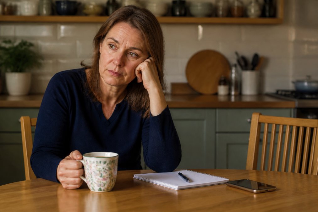 A tired-looking middle-aged woman sitting at a kitchen table with a cup of tea, looking thoughtful and slightly overwhelmed, with a phone and notepad nearby in a warm home setting