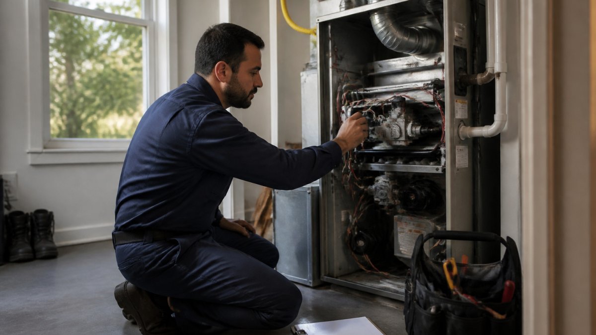 HVAC technician inspecting a residential furnace to replace furnace unit during the off-season window